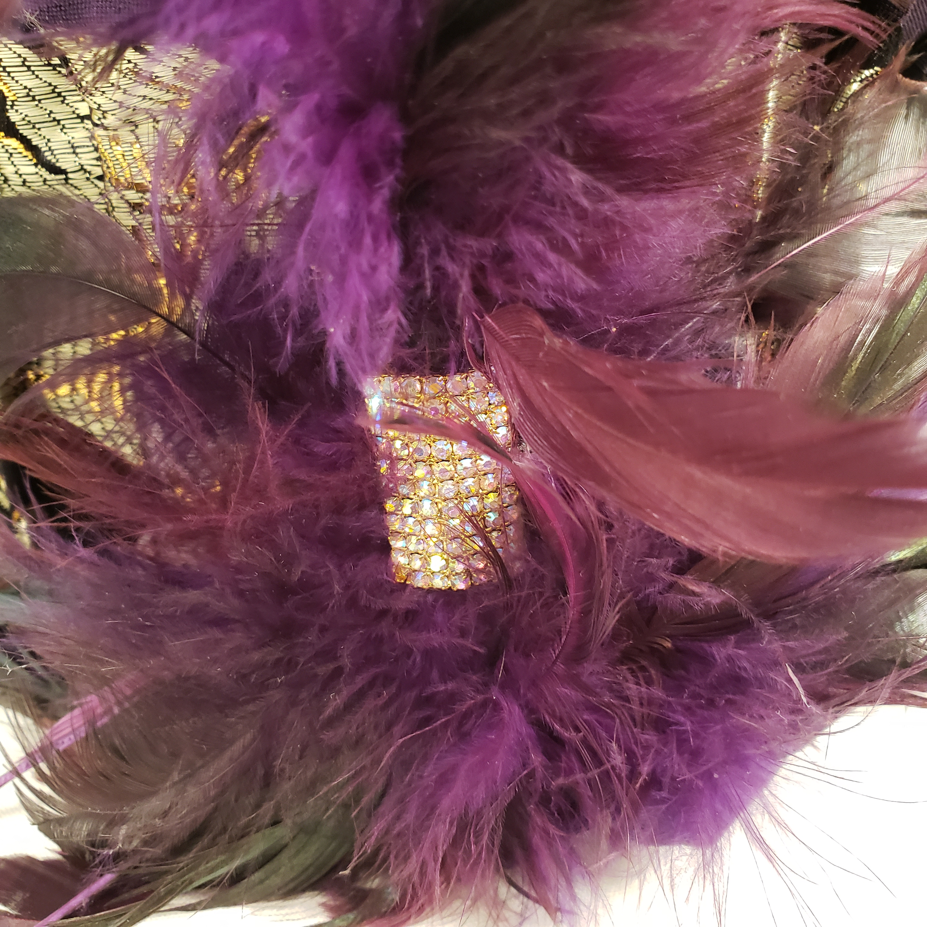 Handmade Brocade Short Brim Hat (Front Feather & Rhinestone Embellishment)