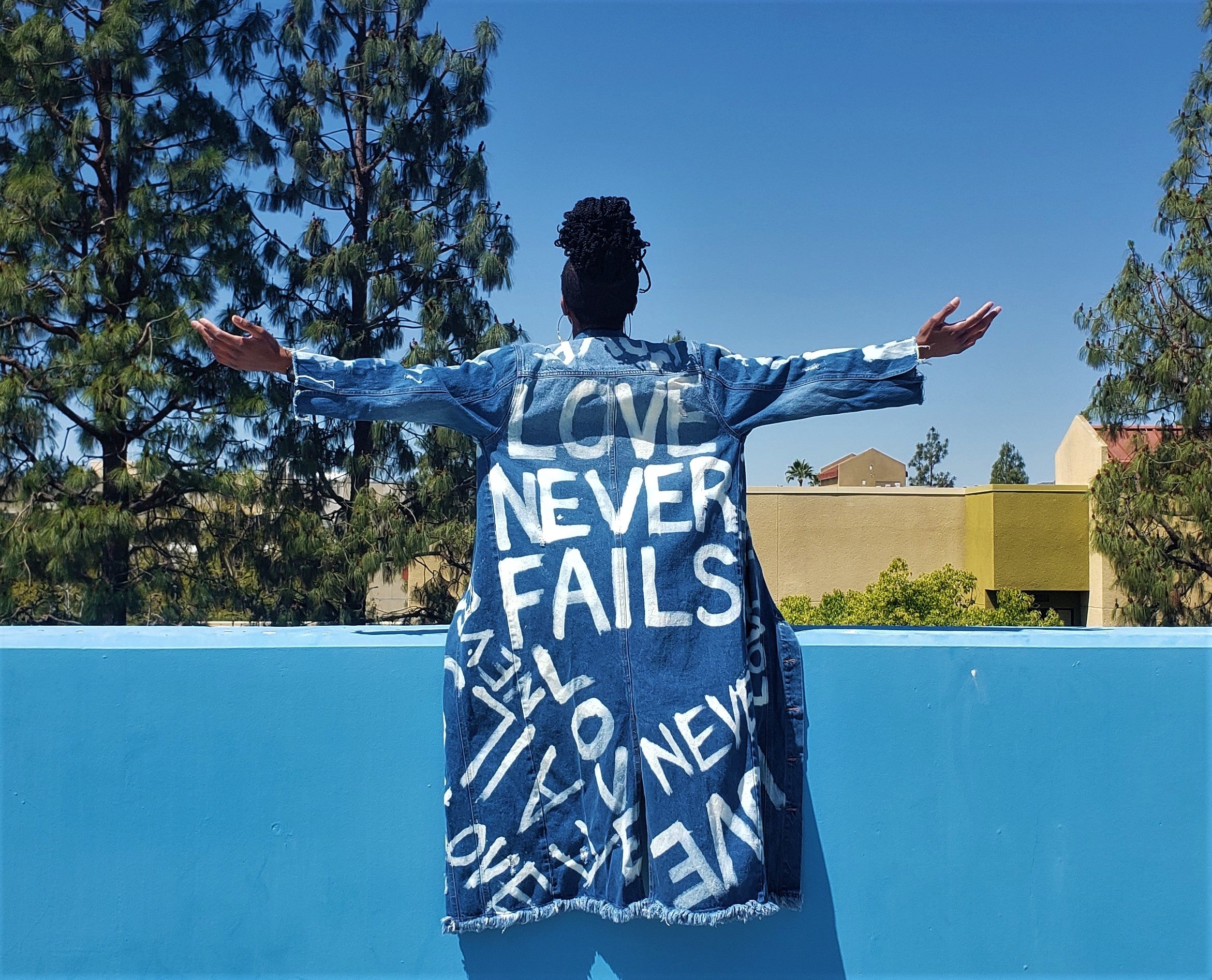 "LOVE NEVER FAILS" Hand Bleached Women's Denim Jacket