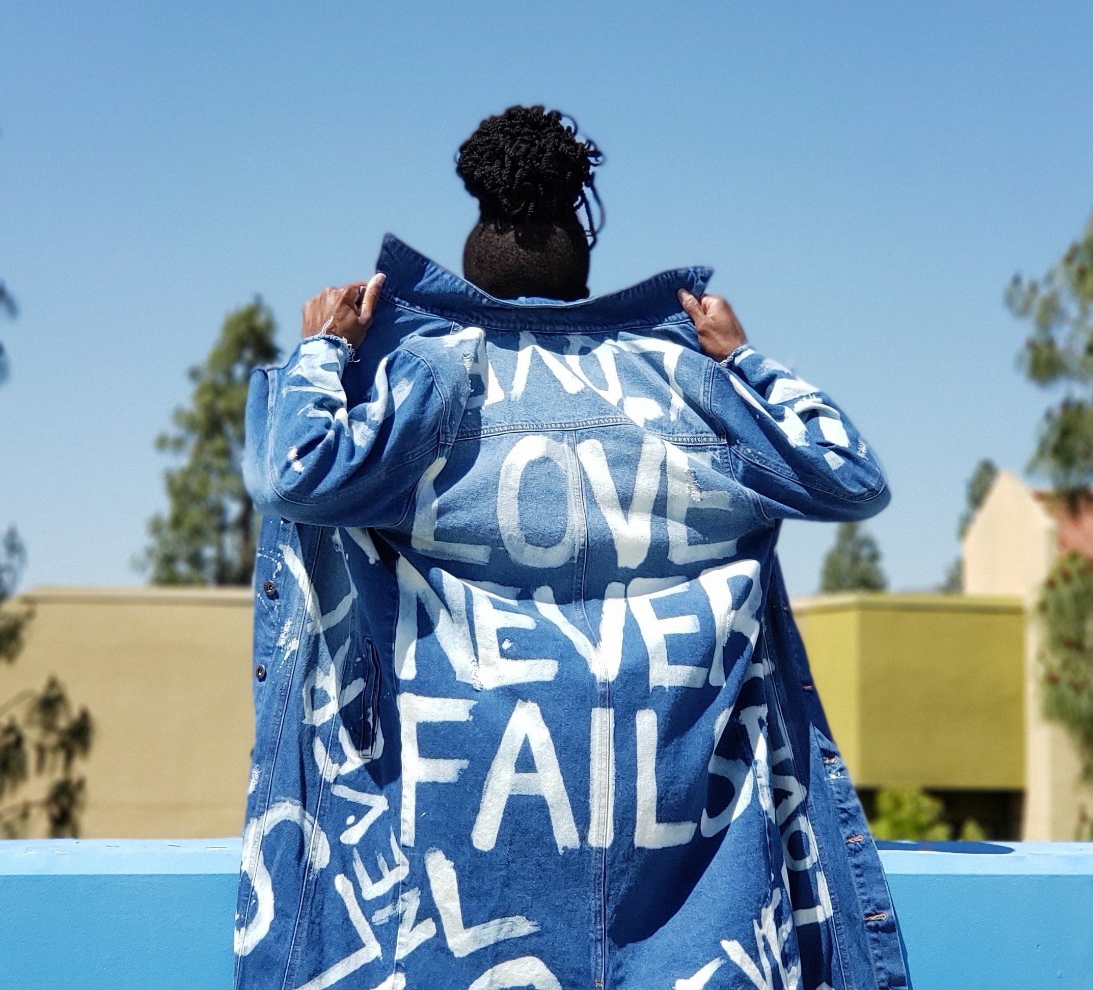 "LOVE NEVER FAILS" Hand Bleached Women's Denim Jacket