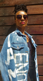 Load image into Gallery viewer, &quot;I AM ENOUGH&quot; Hand Bleached Women&#39;s Denim Jacket
