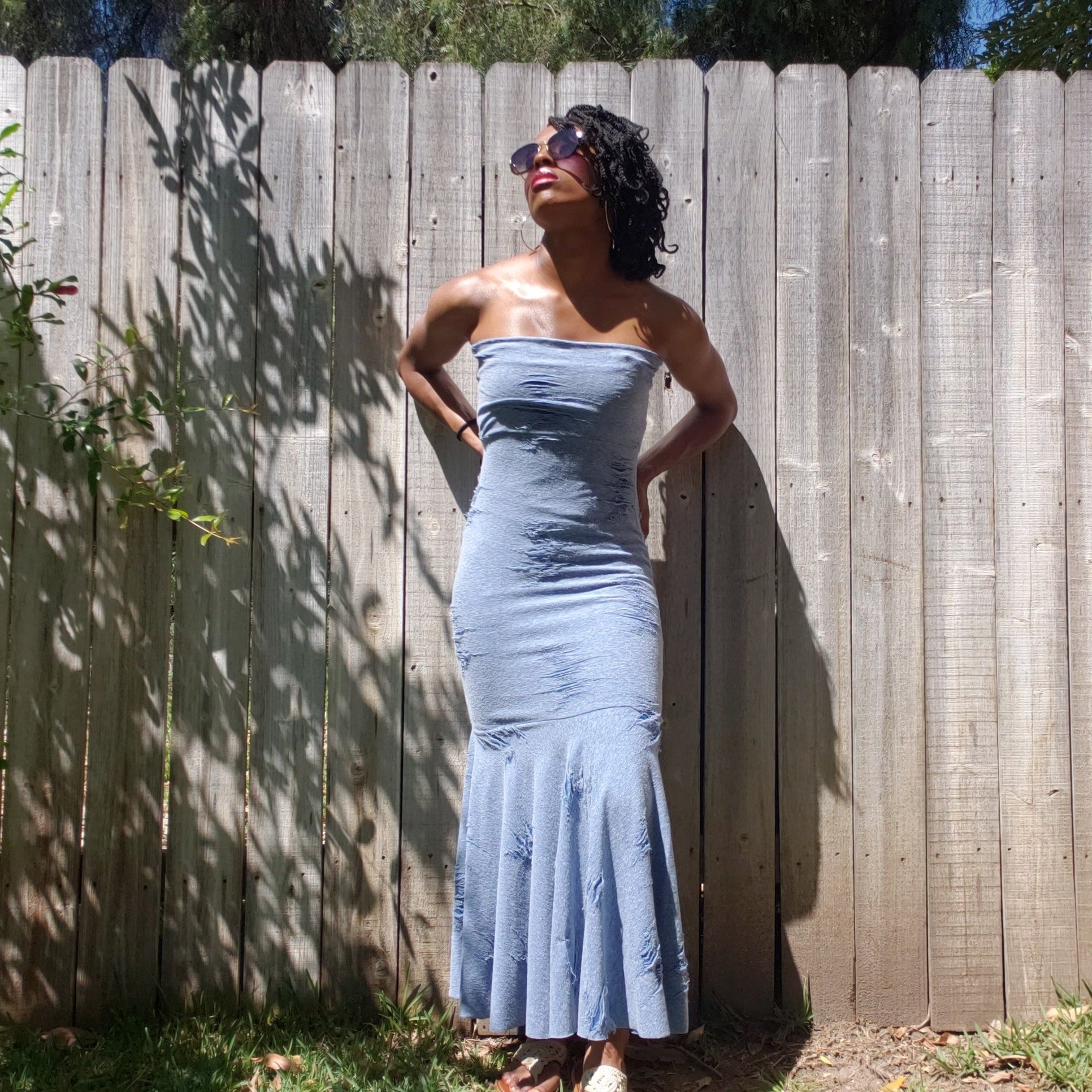 POWDER BLUE SHREDDED Mermaid Dress Set.