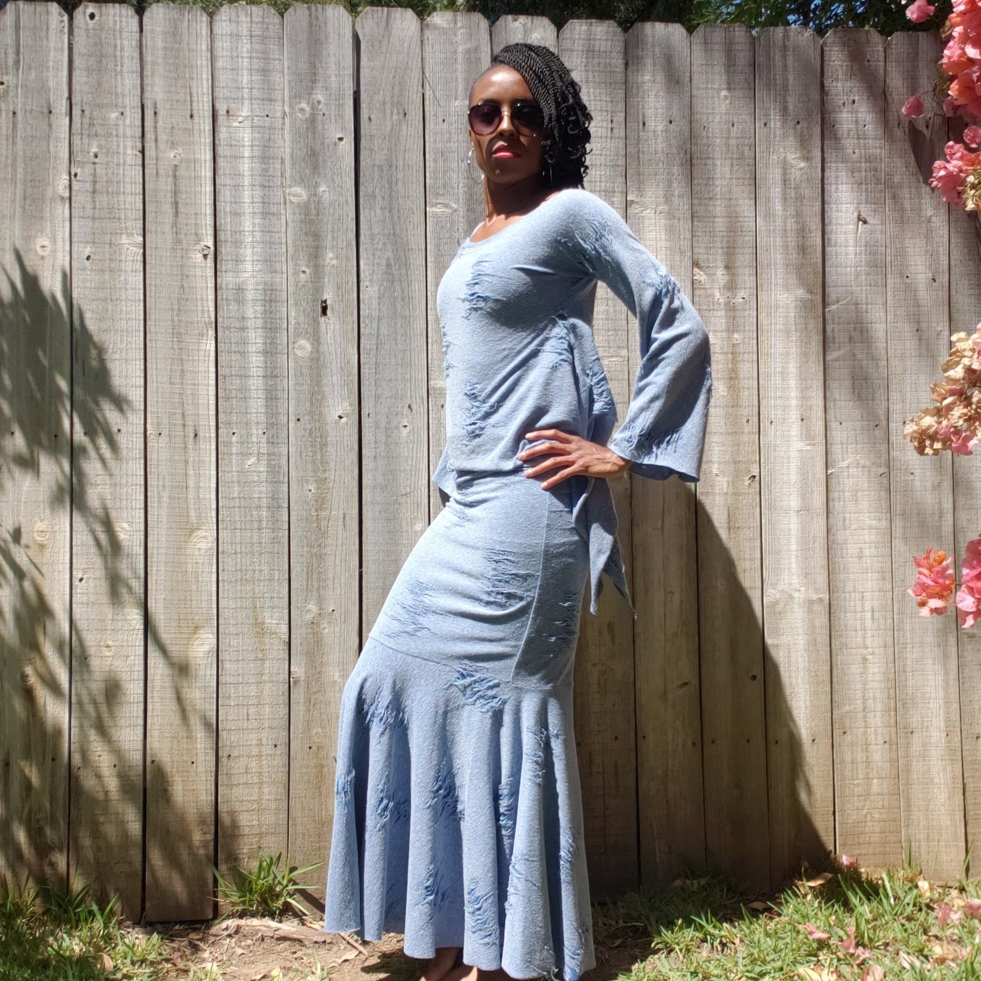 POWDER BLUE SHREDDED Mermaid Dress Set.