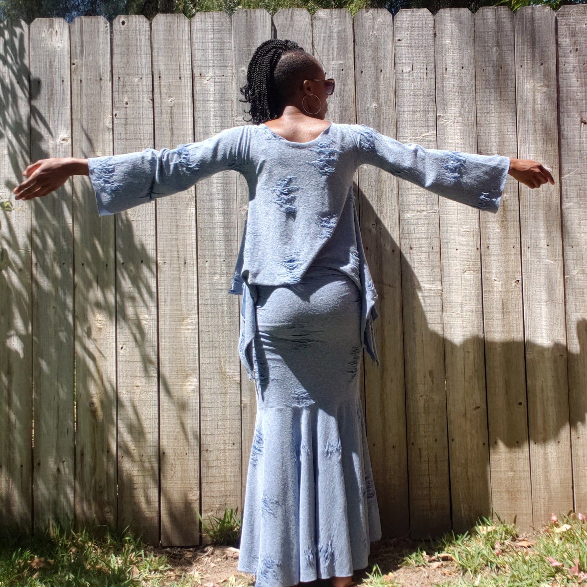 POWDER BLUE SHREDDED Mermaid Dress Set.