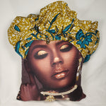 Load image into Gallery viewer, Decorative Pillow- Beautiful Woman Gold &amp; Teal Head Wrap
