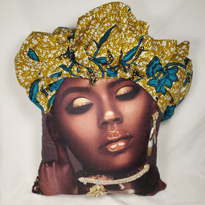 Decorative Pillow- Beautiful Woman Gold & Teal Head Wrap