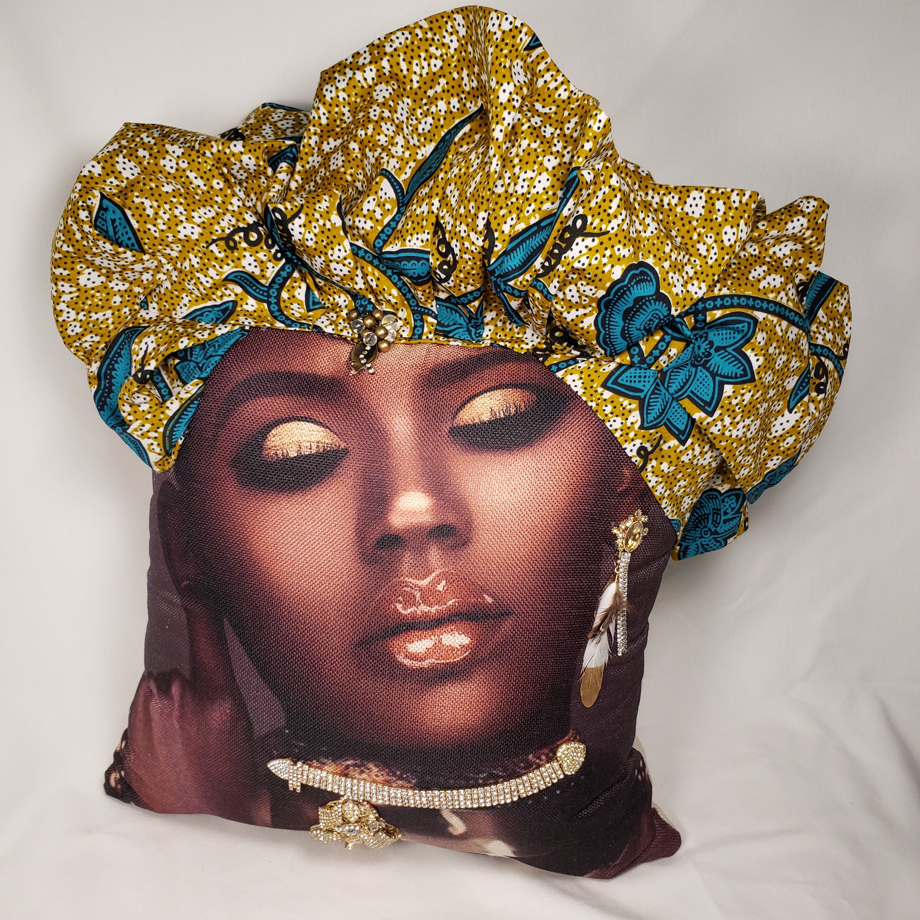 Decorative Pillow- Beautiful Woman Gold & Teal Head Wrap