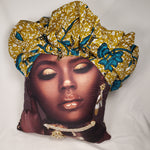 Load image into Gallery viewer, Decorative Pillow- Beautiful Woman Gold &amp; Teal Head Wrap
