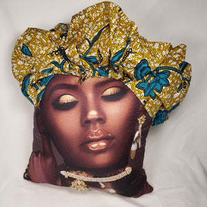 Decorative Pillow- Beautiful Woman Gold & Teal Head Wrap
