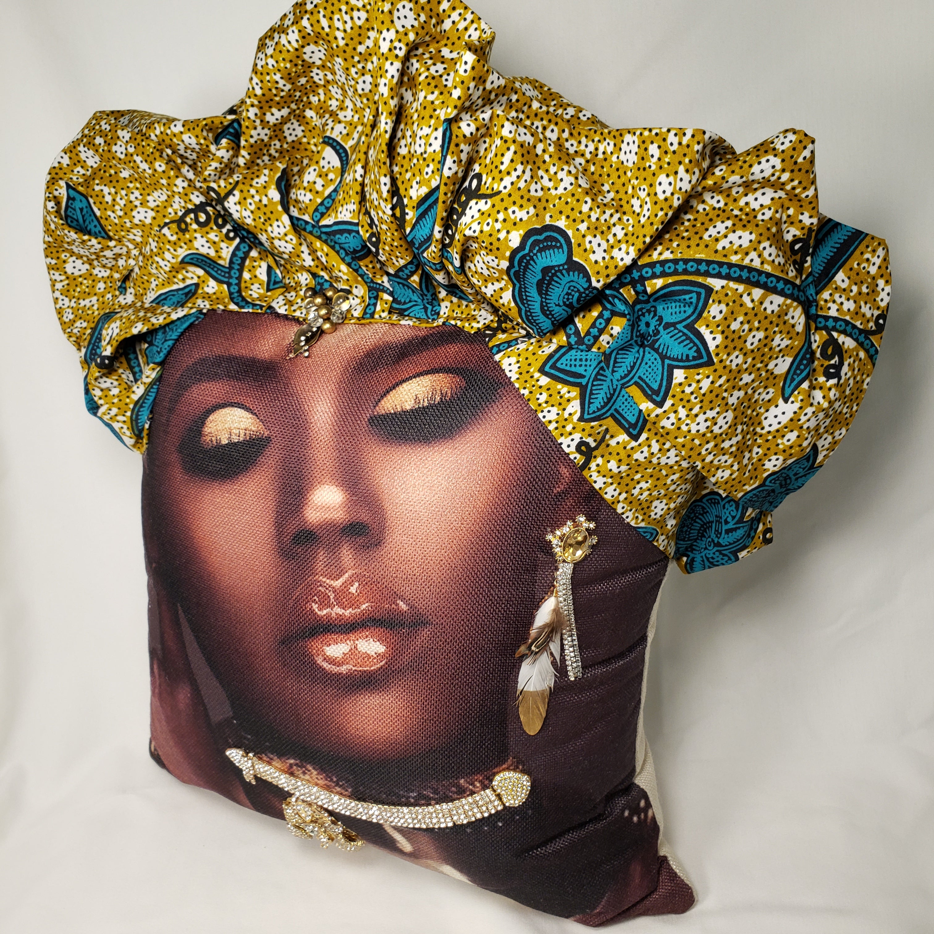 Decorative Pillow- Beautiful Woman Gold & Teal Head Wrap