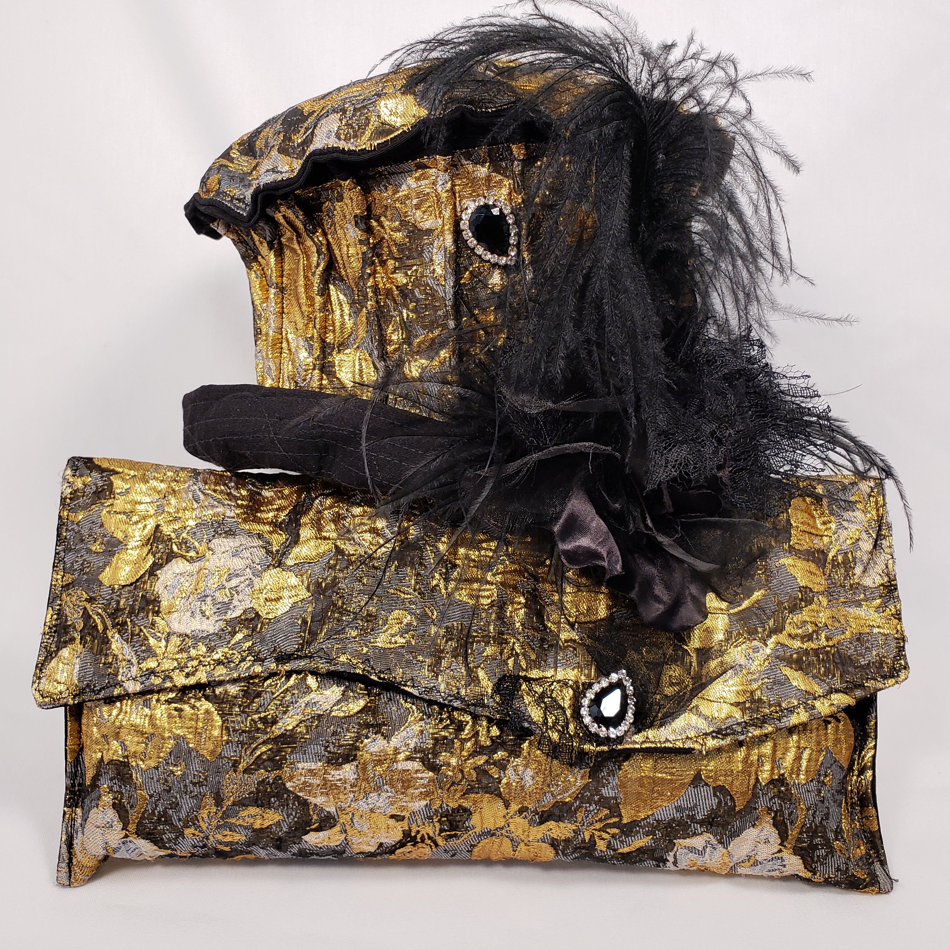 METALLIC BLACK & GOLD Brocade Short Brim Hat & Handbag Set