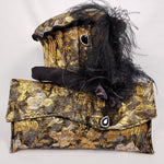 Load image into Gallery viewer, METALLIC BLACK &amp; GOLD Brocade Short Brim Hat &amp; Handbag Set

