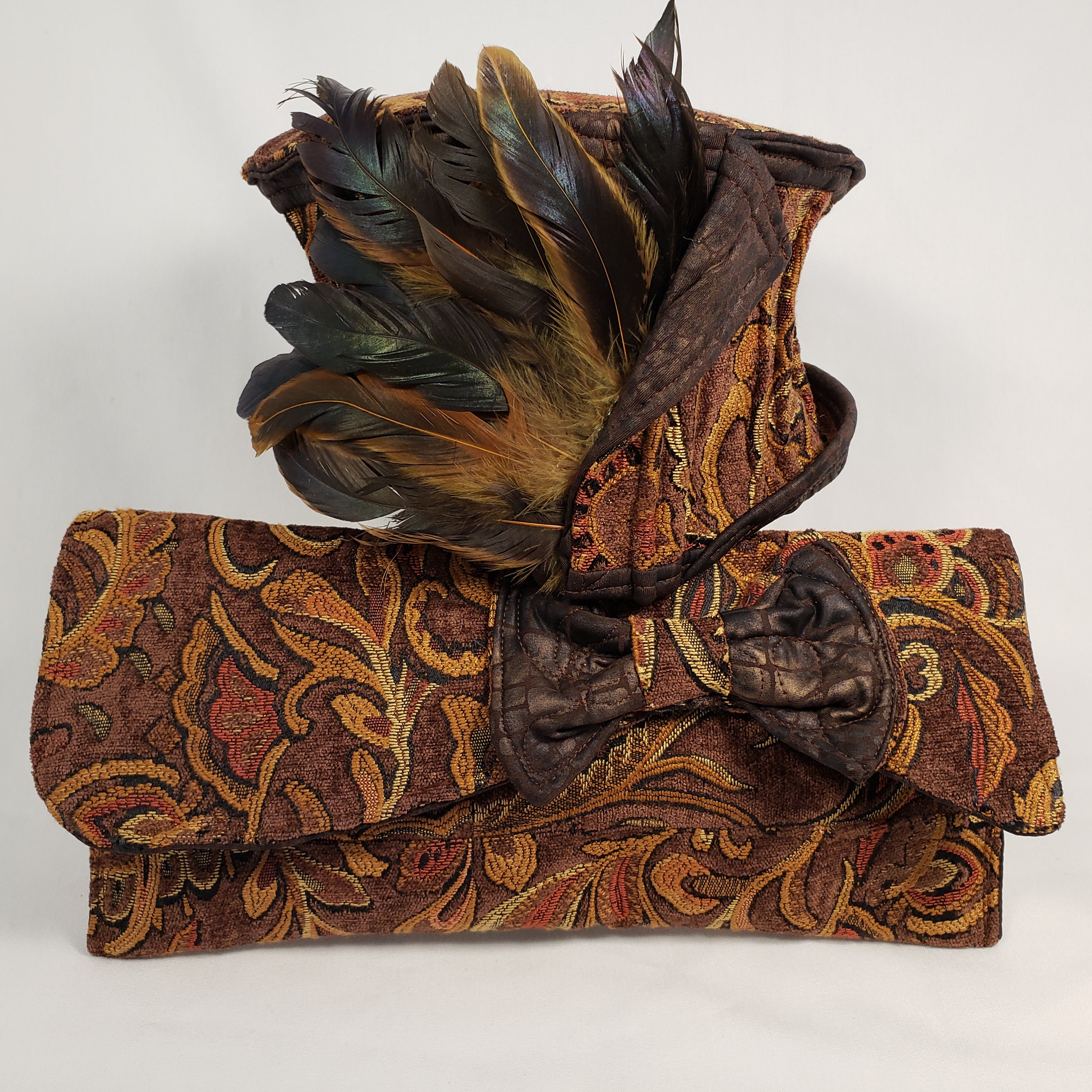 Brown & Mustard Handmade Short Brim Hat & Handbag Set