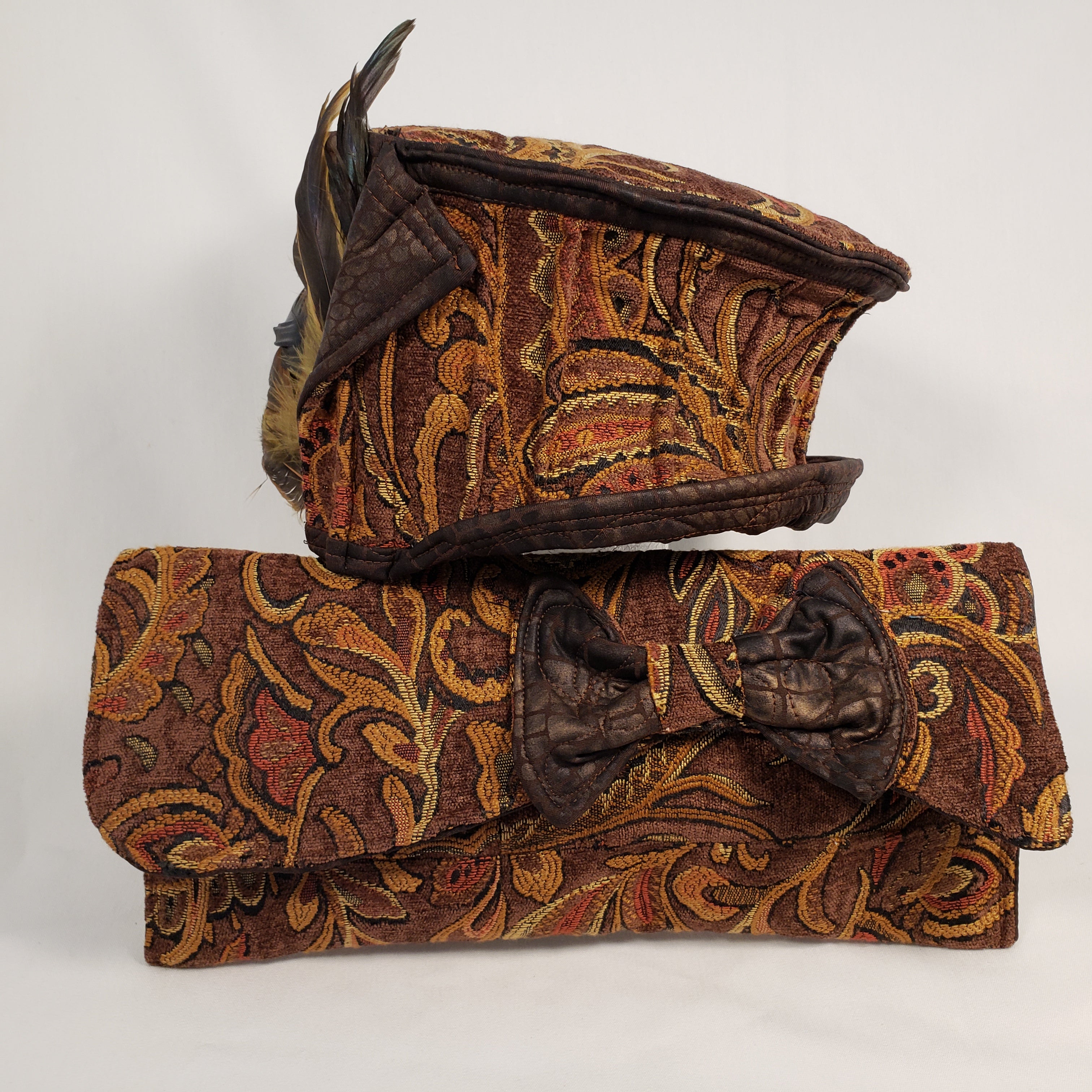 Brown & Mustard Handmade Short Brim Hat & Handbag Set