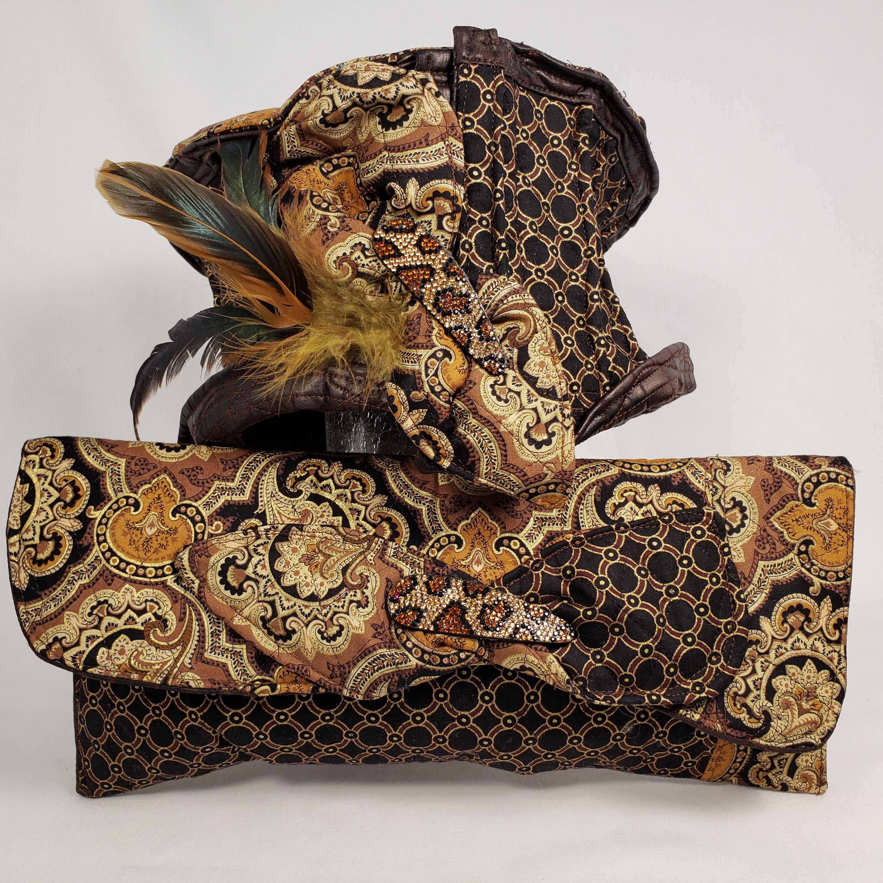 BLACK & GOLD Handmade Brocade Short Brim Hat & Handbag Set