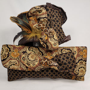 BLACK & GOLD Handmade Brocade Short Brim Hat & Handbag Set