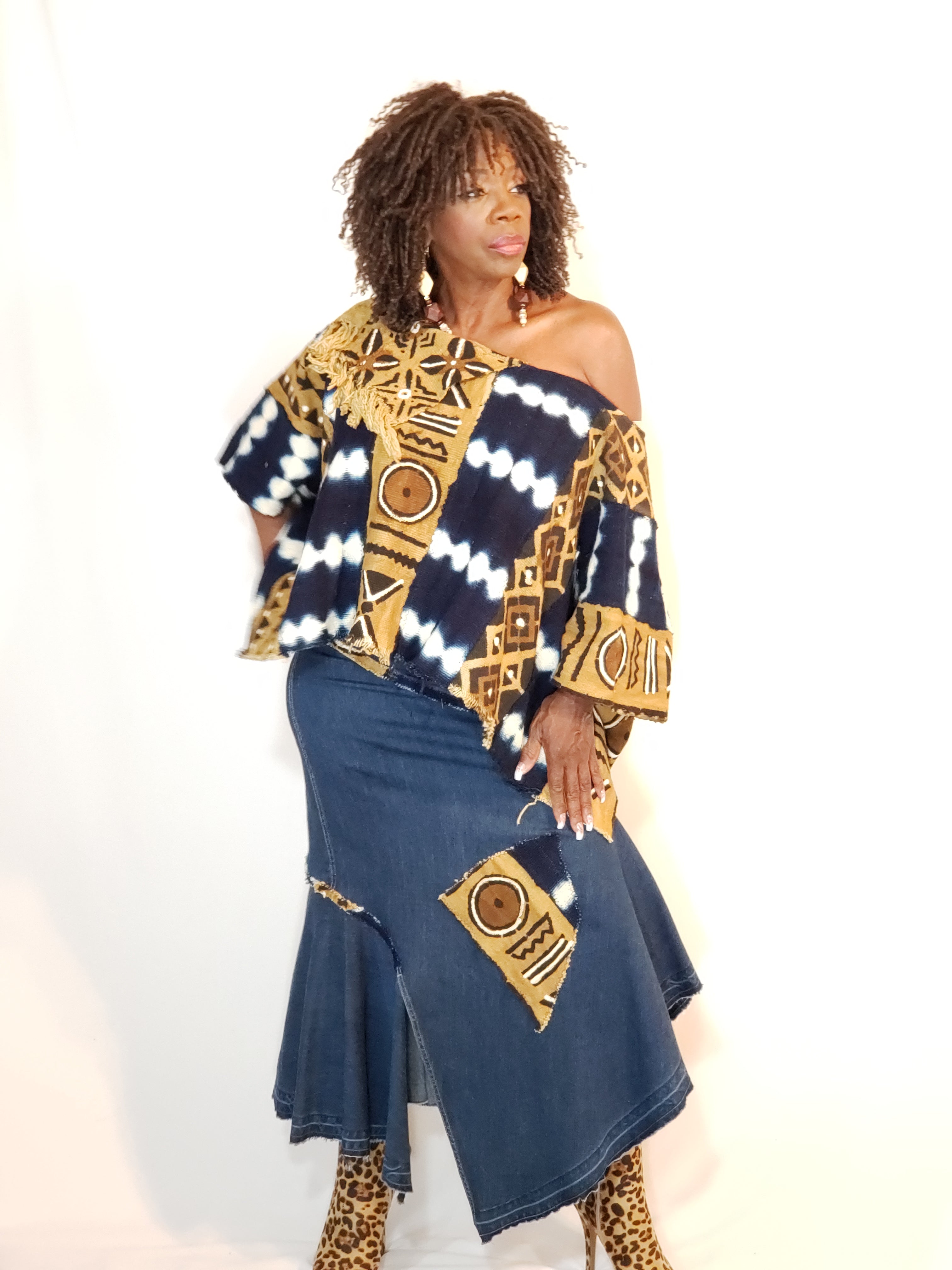 Brown Mud Cloth Shrug & Skirt Set