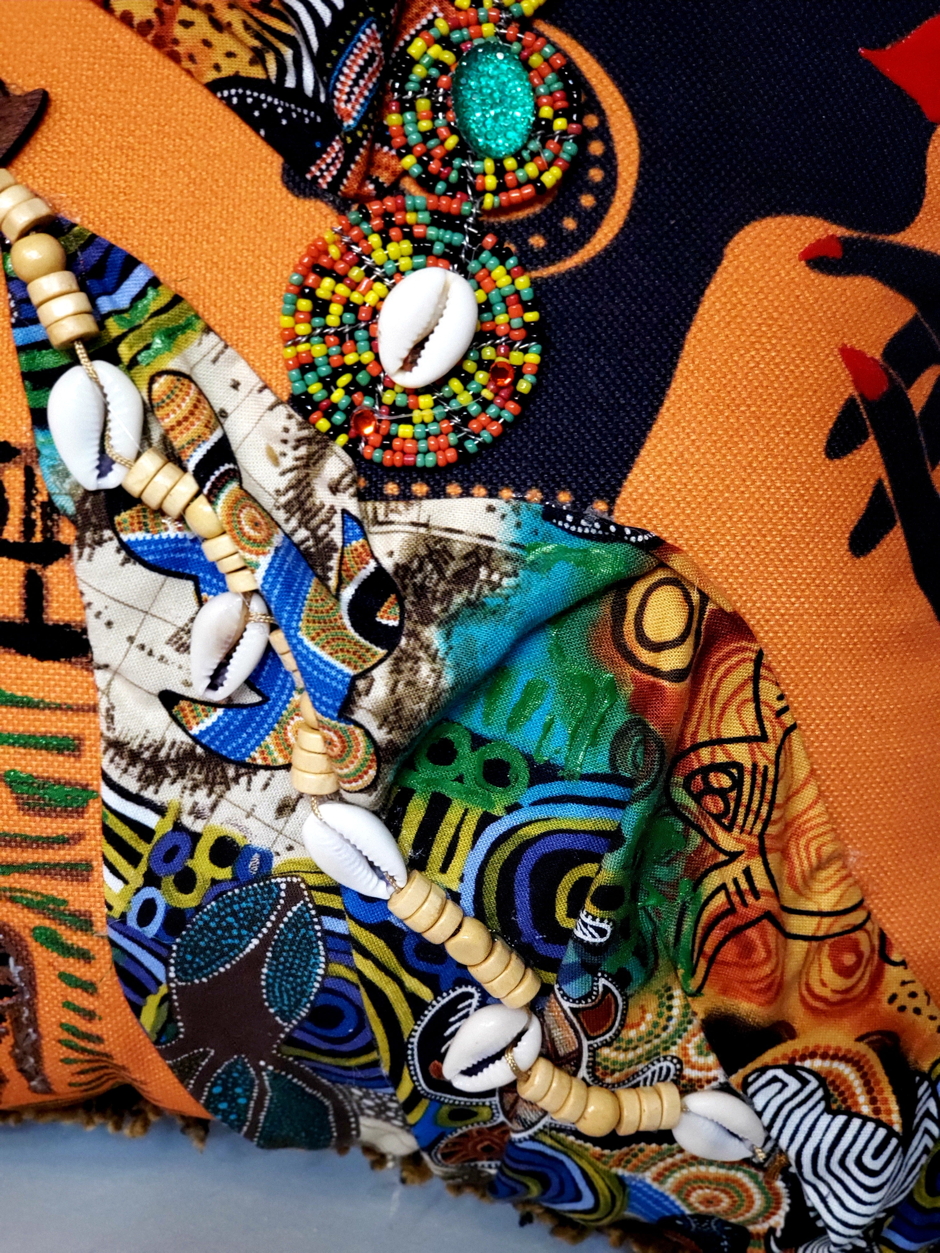 Decorative Pillow- African Woman Rich Orange Multi-Colored Wrap