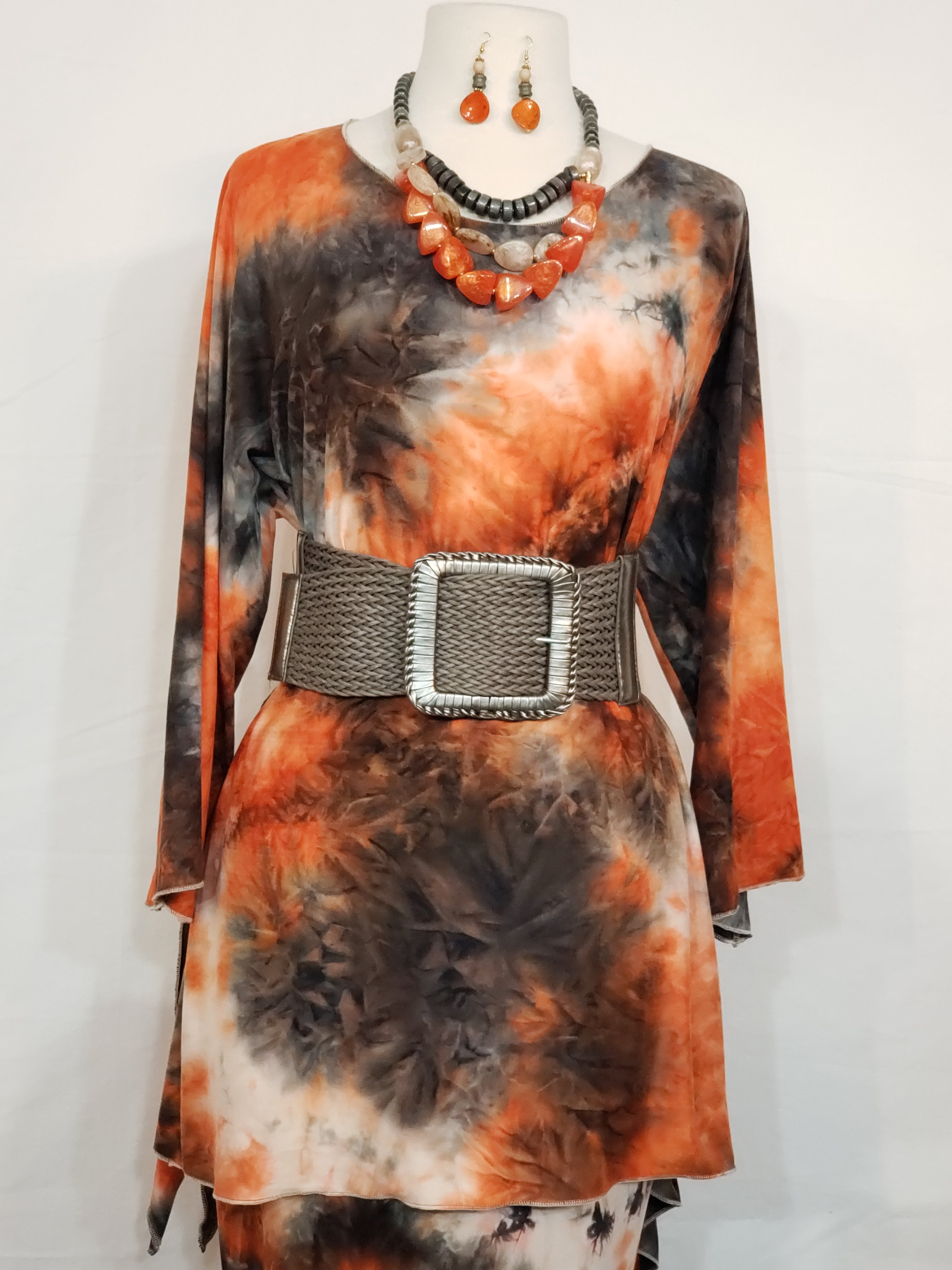 Burnt Orange & Smoke Grey Tie Dye Mermaid Dress Set. (BELT & NECKLACE SOLD SEPARATELY)