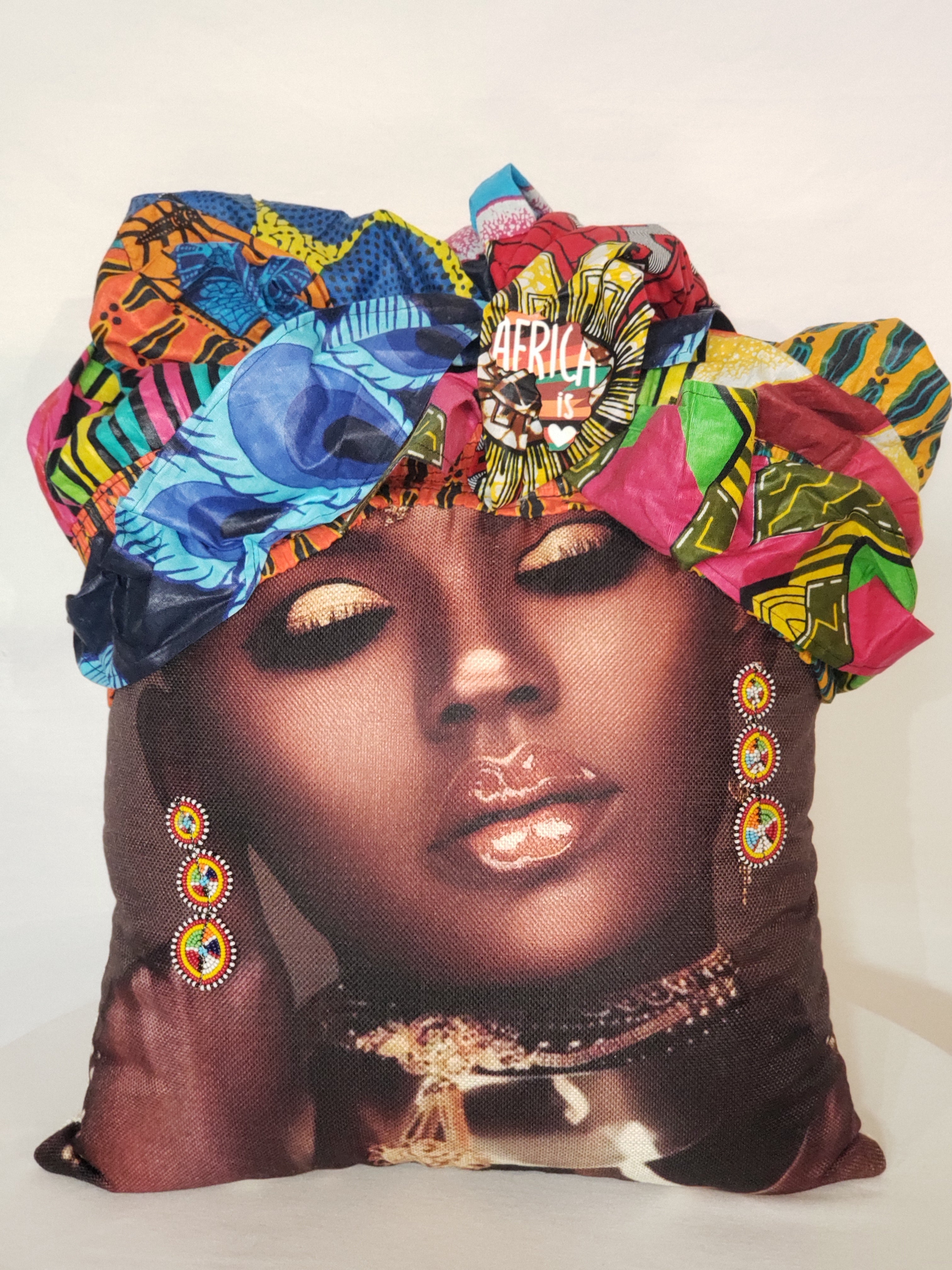 Decorative Pillow- Beautiful Woman Multi-Color Ankara African Bow Head Wrap