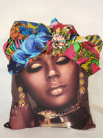 Load image into Gallery viewer, Decorative Pillow- Beautiful Woman Multi-Color Ankara African Bow Head Wrap
