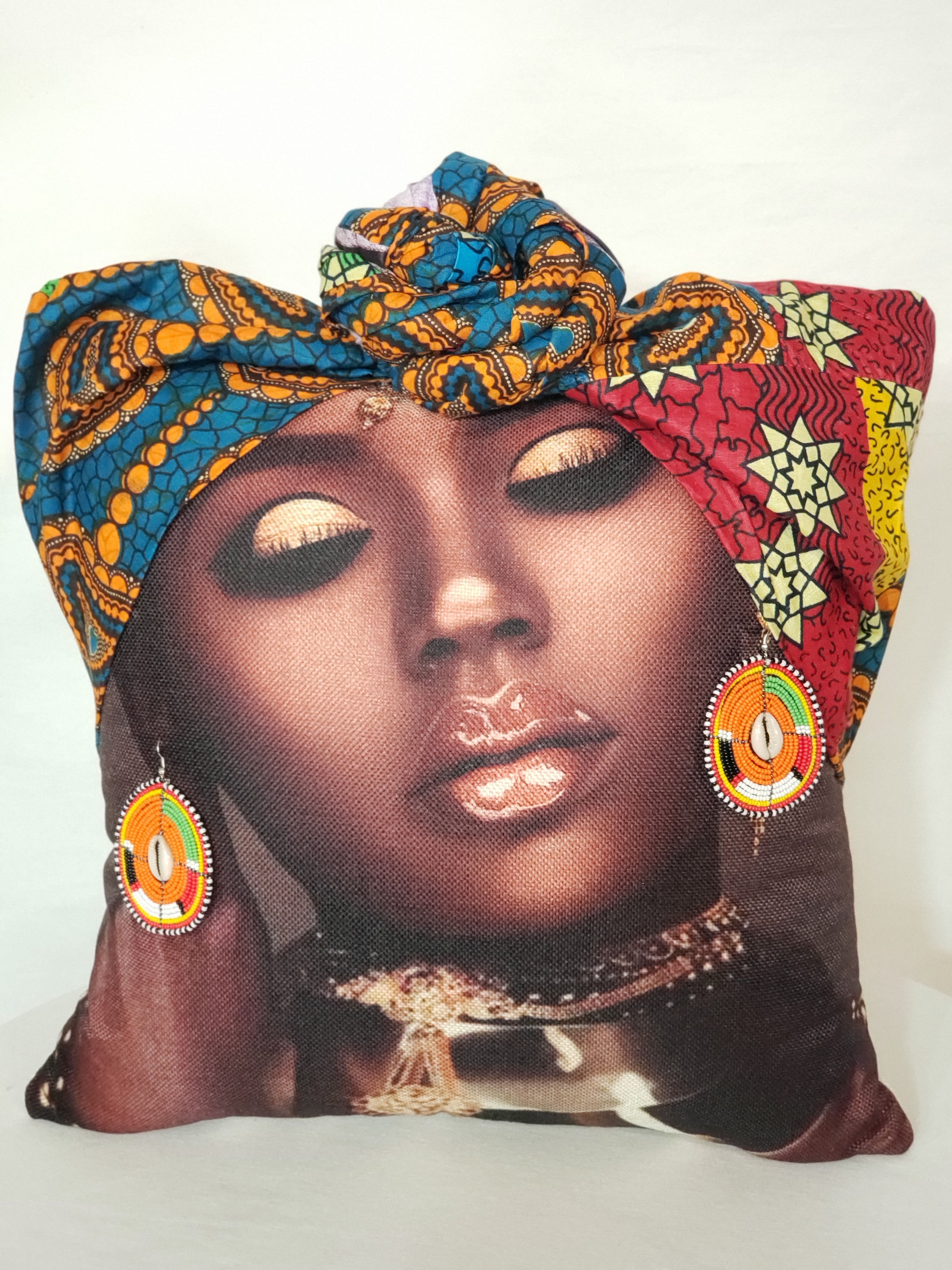 Decorative Pillow- Beautiful Woman Cranberry, Gold & Royal Blue Ankara Head Wrap