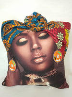 Load image into Gallery viewer, Decorative Pillow- Beautiful Woman Cranberry, Gold &amp; Royal Blue Ankara Head Wrap
