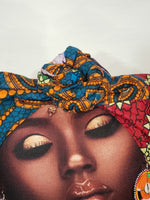 Load image into Gallery viewer, Decorative Pillow- Beautiful Woman Cranberry, Gold &amp; Royal Blue Ankara Head Wrap
