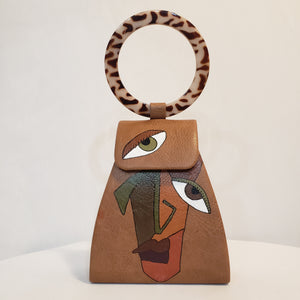 Handpainted Camel Colored Handbag Abstract Face (Clutch)