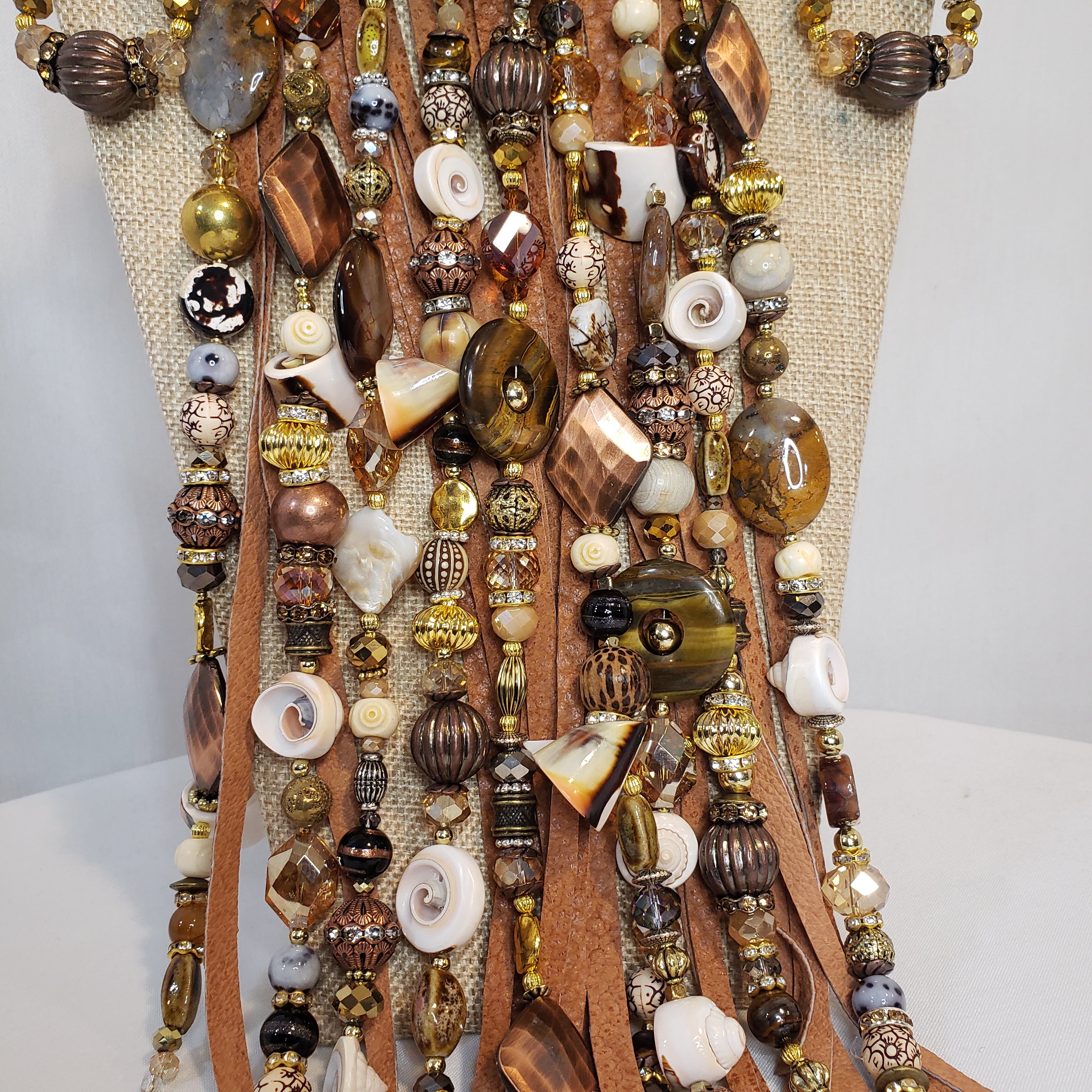 Leather Beaded Bib Necklace, Earring & Bracelet Set