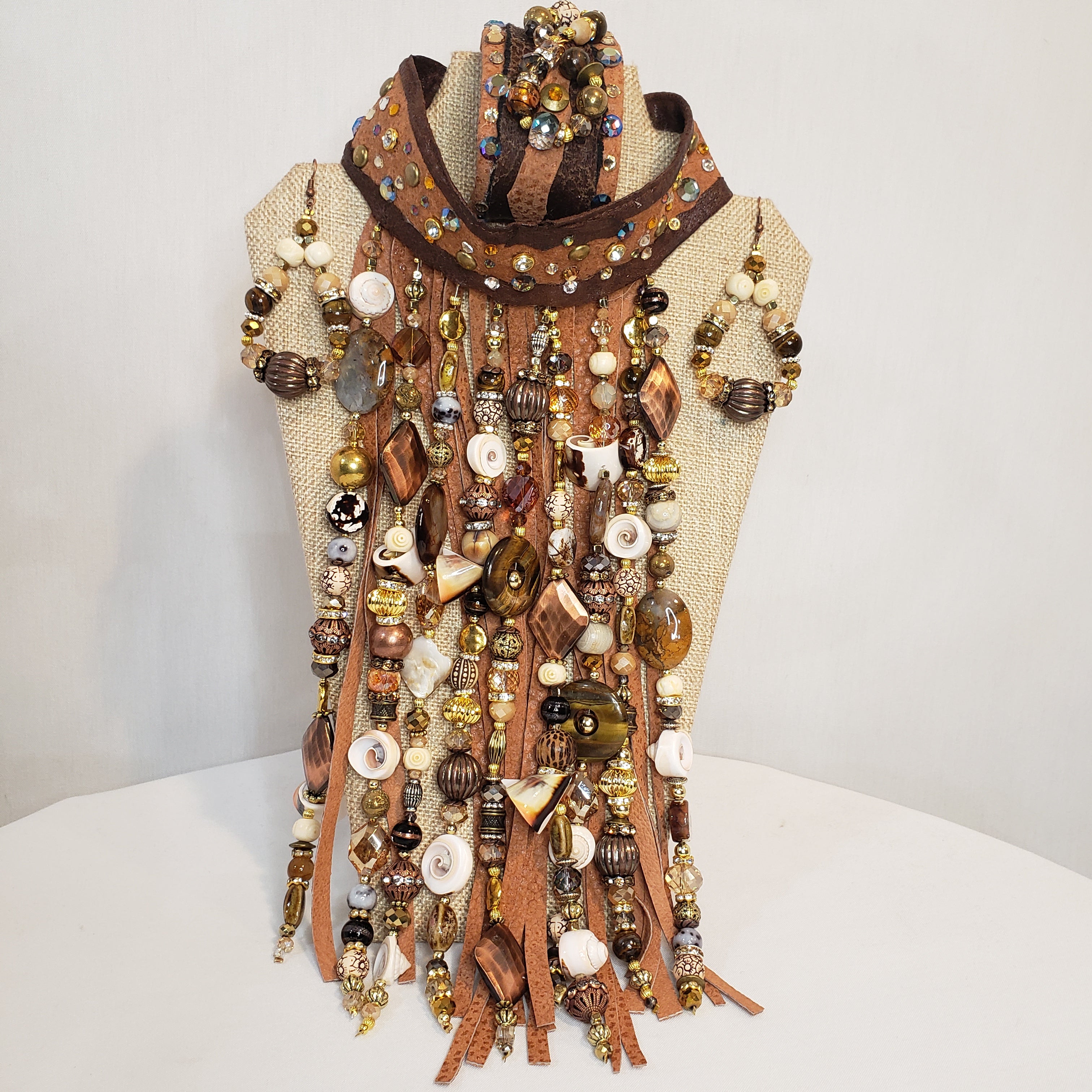 Leather Beaded Bib Necklace, Earring & Bracelet Set