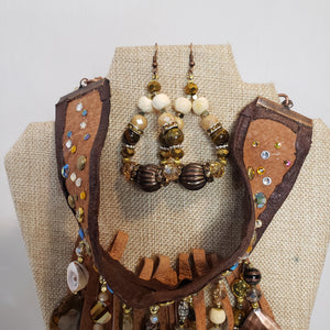Leather Beaded Bib Necklace, Earring & Bracelet Set