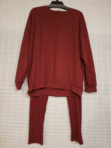 Wine Colored, Silk Ribbed Knit 2-Piece Leisure Suit