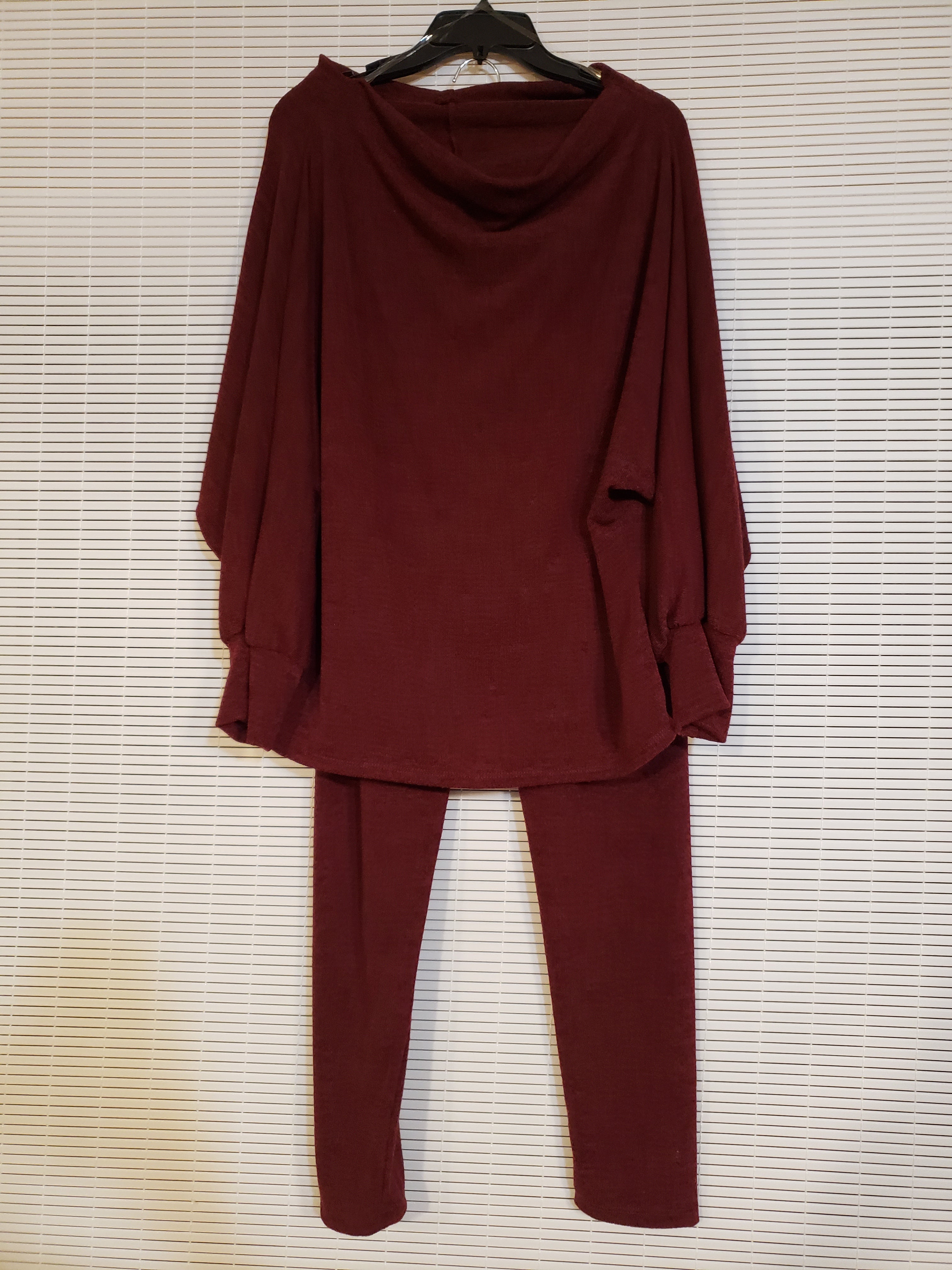 Wine Colored, Smooth Knit Ribbed 2-Piece Leisure Suit