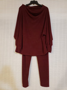 Wine Colored, Smooth Knit Ribbed 2-Piece Leisure Suit