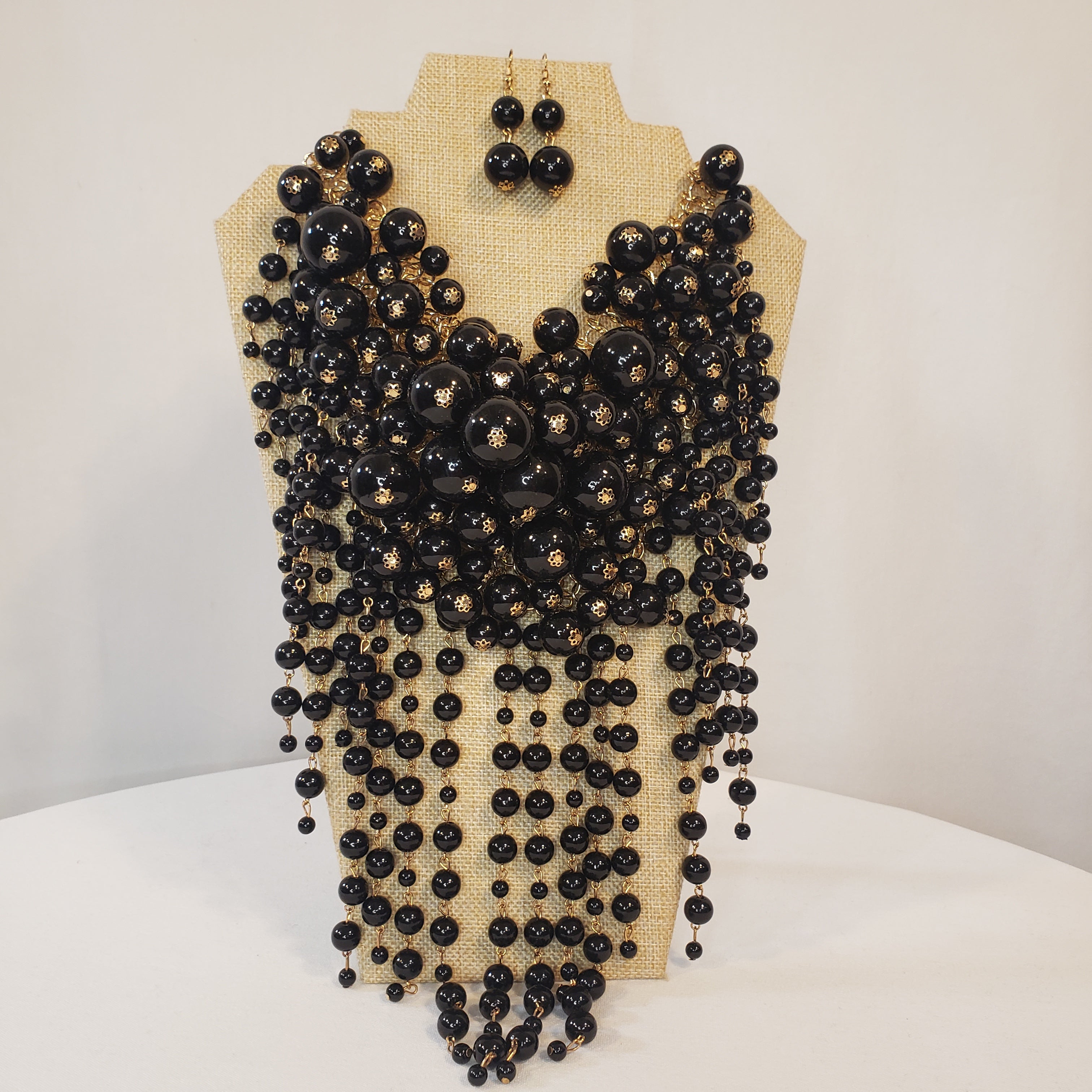 Black Pearl Bib Necklace & Earrings
