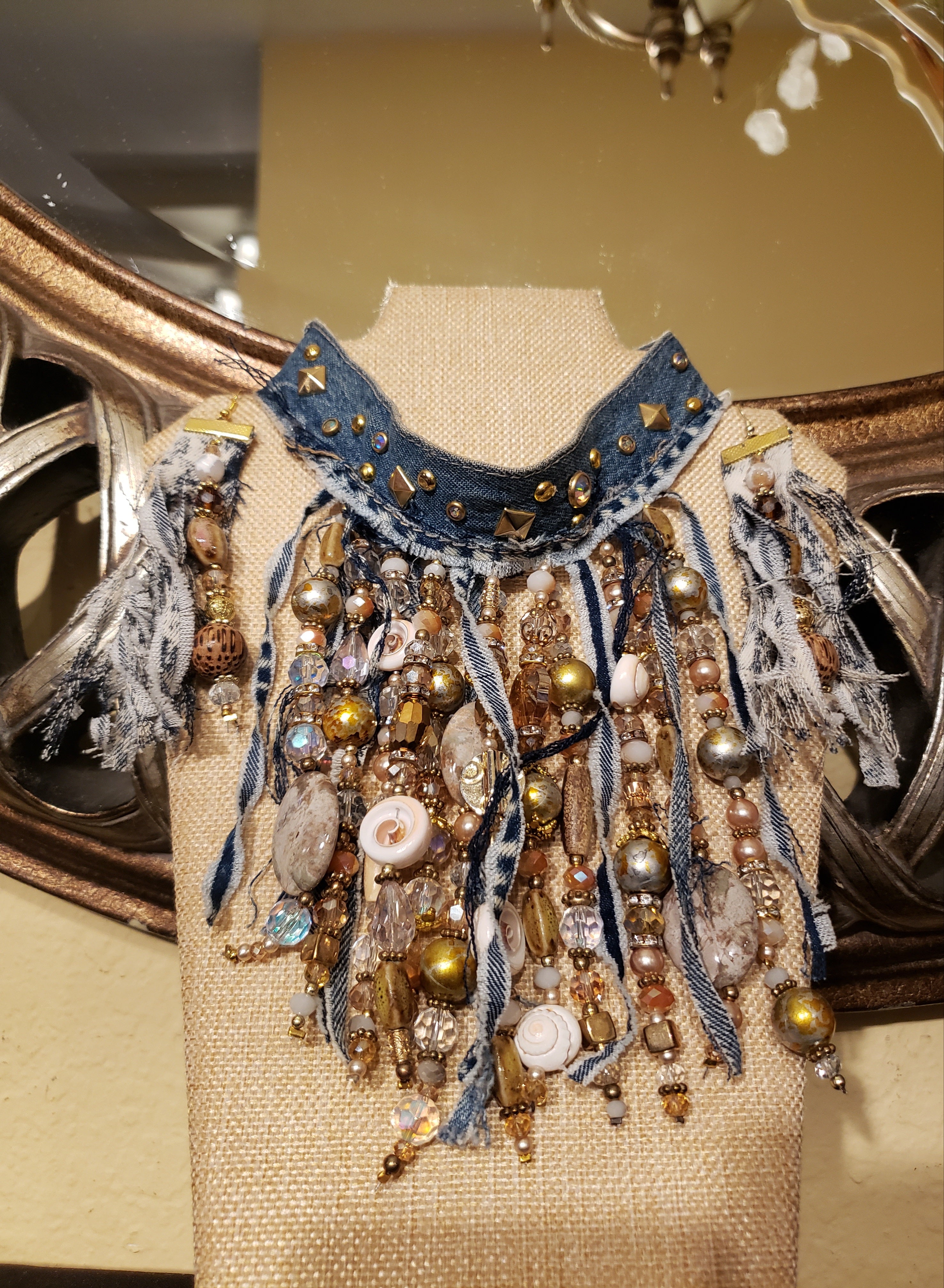 Denim Blue Bib Necklace, Earring & Bracelet Set (Brown)