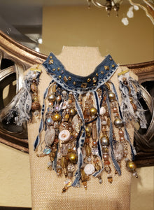 Denim Blue Bib Necklace, Earring & Bracelet Set (Brown)