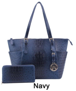 Navy Ostrich Vegan Leather Handbag