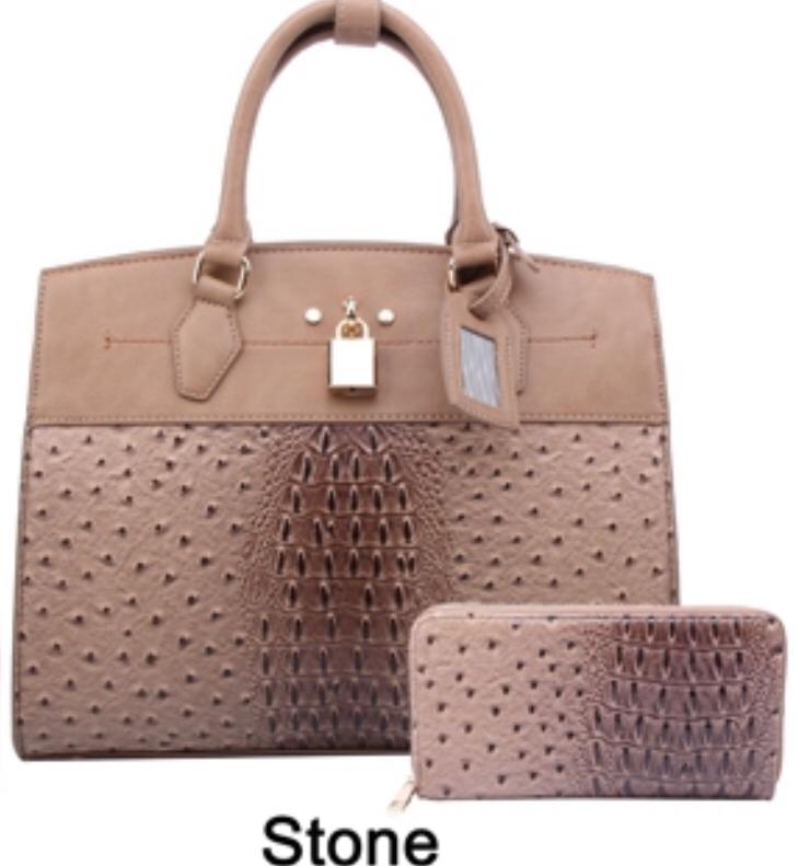 Beige Ostrich Vegan Leather Handbag