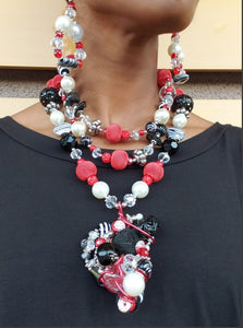 RED & BLACK Beaded Body Wrap Necklace & Earring Set.