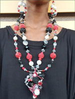 Load image into Gallery viewer, RED &amp; BLACK Beaded Body Wrap Necklace &amp; Earring Set.
