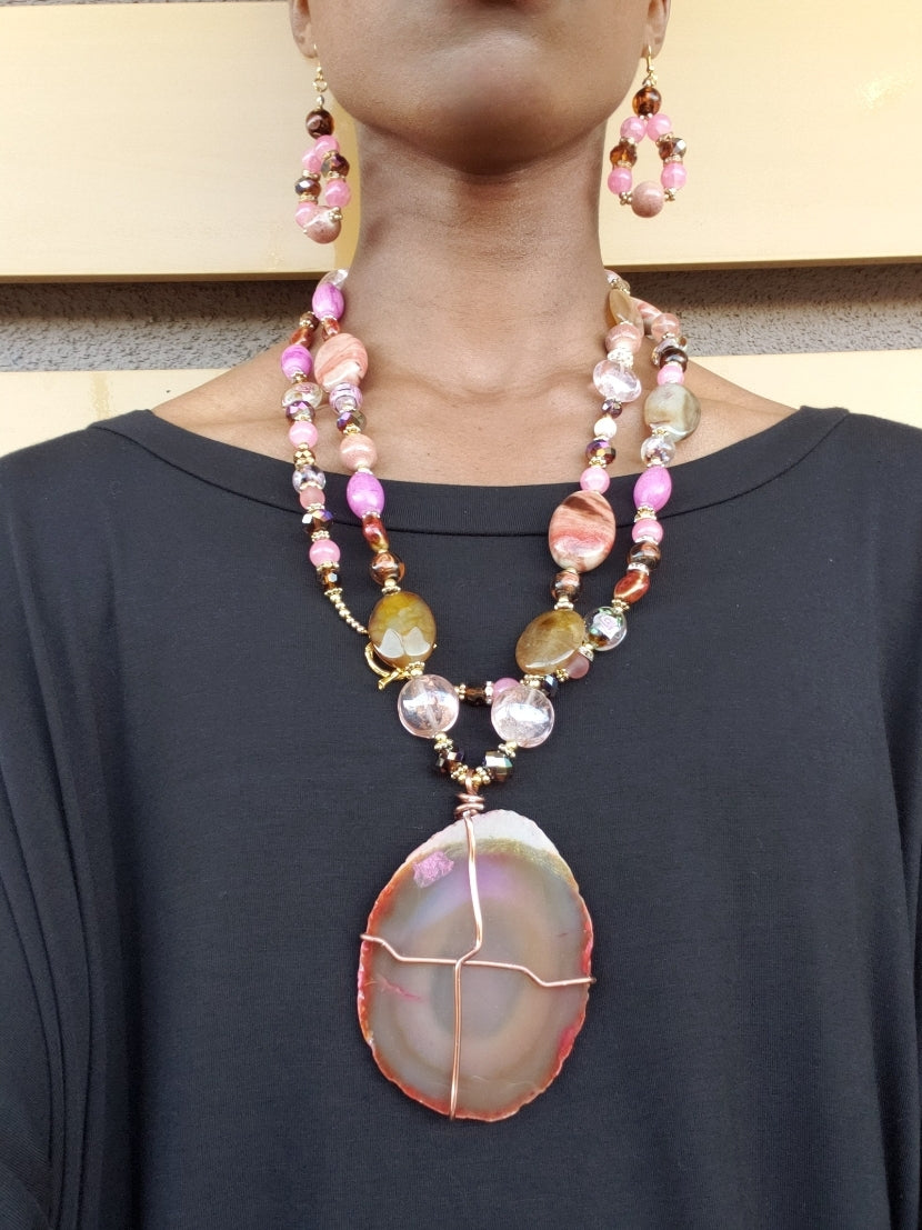 PEACH AGATE Body Wrap Necklace and Earring Set