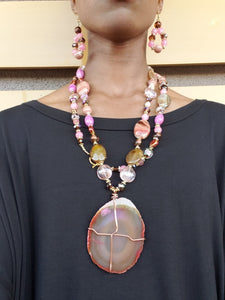 PEACH AGATE Body Wrap Necklace and Earring Set
