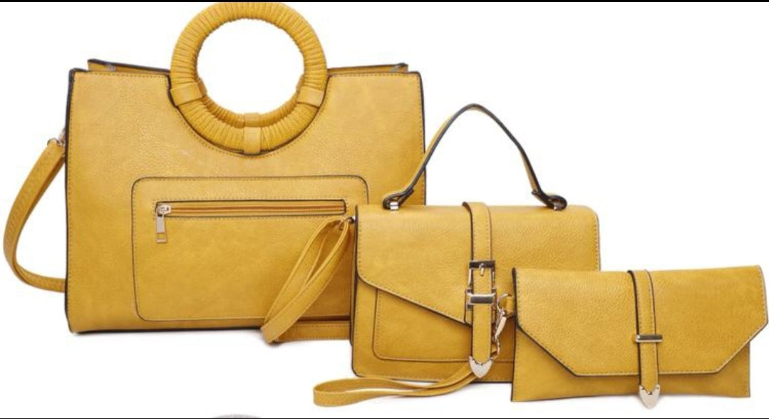 Mustard Vegan Leather Handbag Circle Handle (3 piece set)